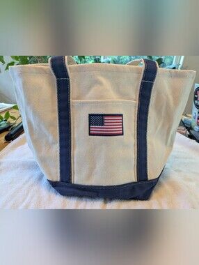 Canvas Tote Bag with American Flag Patch - Navy & Cream